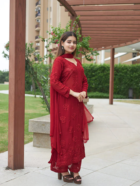 Elegant Red Floral Embroidered Kurta Pant Set with Dupatta