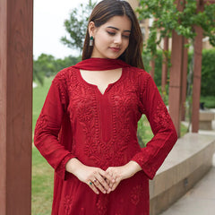 Elegant Olive Green Floral Embroidered Kurta Pant Set with Dupatta