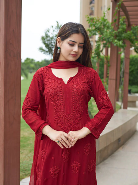 Elegant Red Floral Embroidered Kurta Pant Set with Dupatta