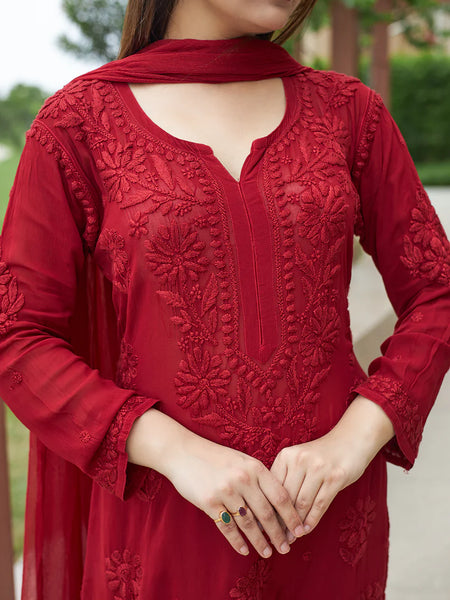 Elegant Red Floral Embroidered Kurta Pant Set with Dupatta