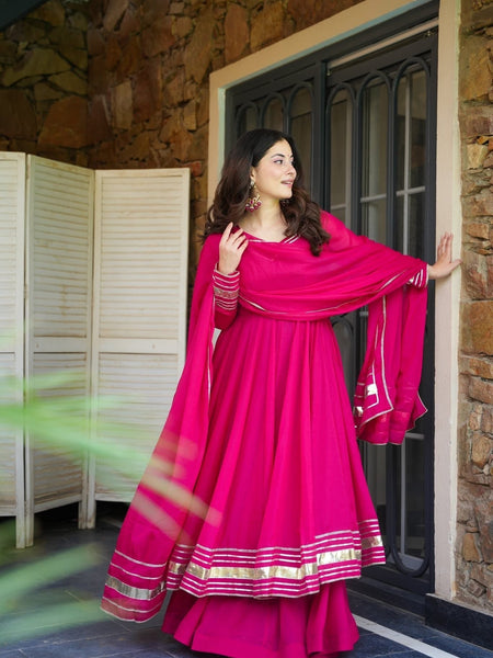 Pink Shimmer Organza Anarkali Palazzo Set | Traditional Gotta Patti Work