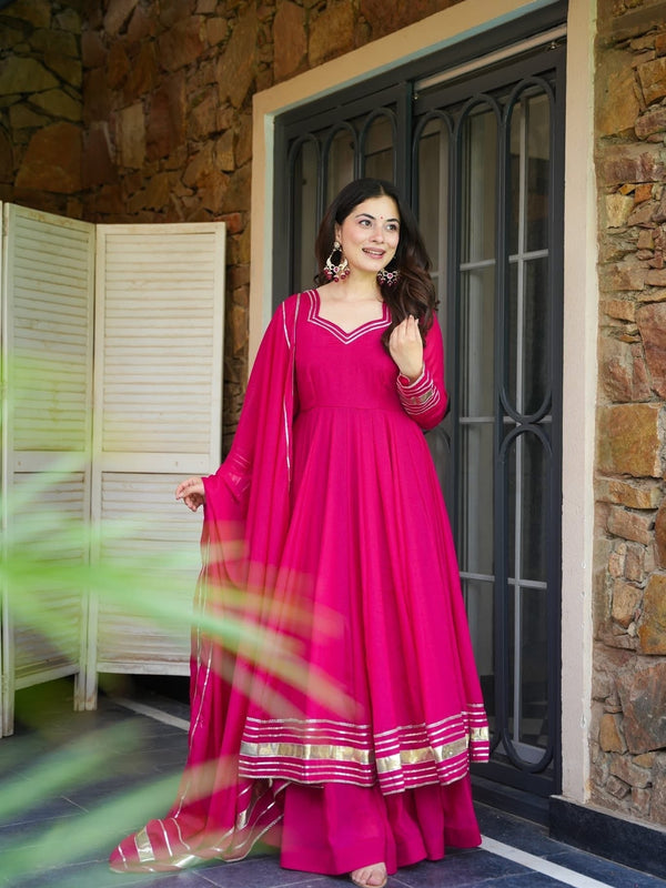 Pink Shimmer Organza Anarkali Palazzo Set | Traditional Gotta Patti Work