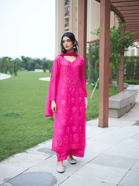 Elegant Pink Floral Embroidered Kurta Pant Set with Dupatta