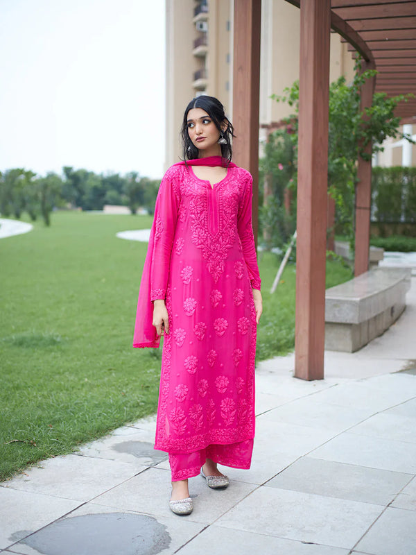 Elegant Olive Green Floral Embroidered Kurta Pant Set with Dupatta