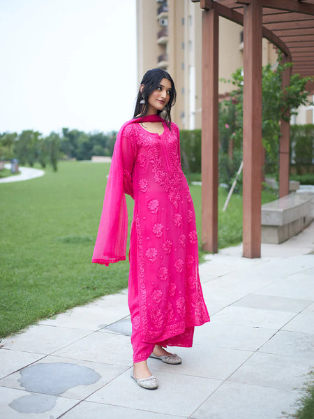 Elegant Pink Floral Embroidered Kurta Pant Set with Dupatta