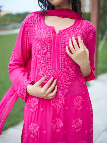 Elegant Pink Floral Embroidered Kurta Pant Set with Dupatta