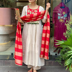 Festive Embroidered Ivory Anarkali Suit Set with Striped Dupatta