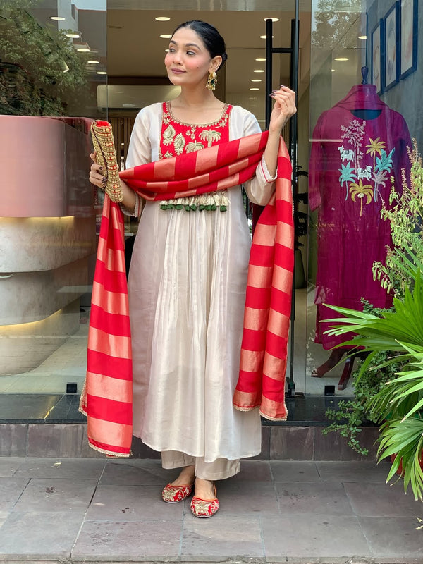 Festive Embroidered Ivory Anarkali Suit Set with Striped Dupatta