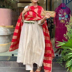 Festive Embroidered Ivory Anarkali Suit Set with Striped Dupatta