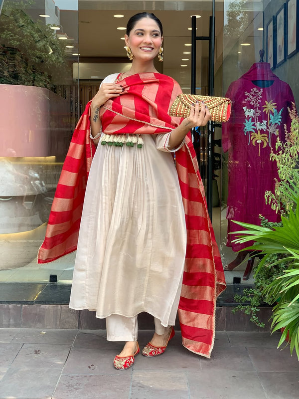 Festive Embroidered Ivory Anarkali Suit Set with Striped Dupatta