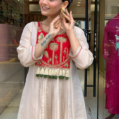 Festive Embroidered Ivory Anarkali Suit Set with Striped Dupatta