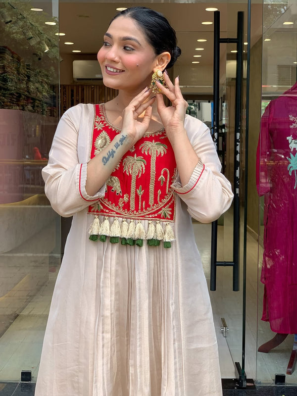 Festive Embroidered Ivory Anarkali Suit Set with Striped Dupatta