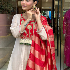 Festive Embroidered Ivory Anarkali Suit Set with Striped Dupatta