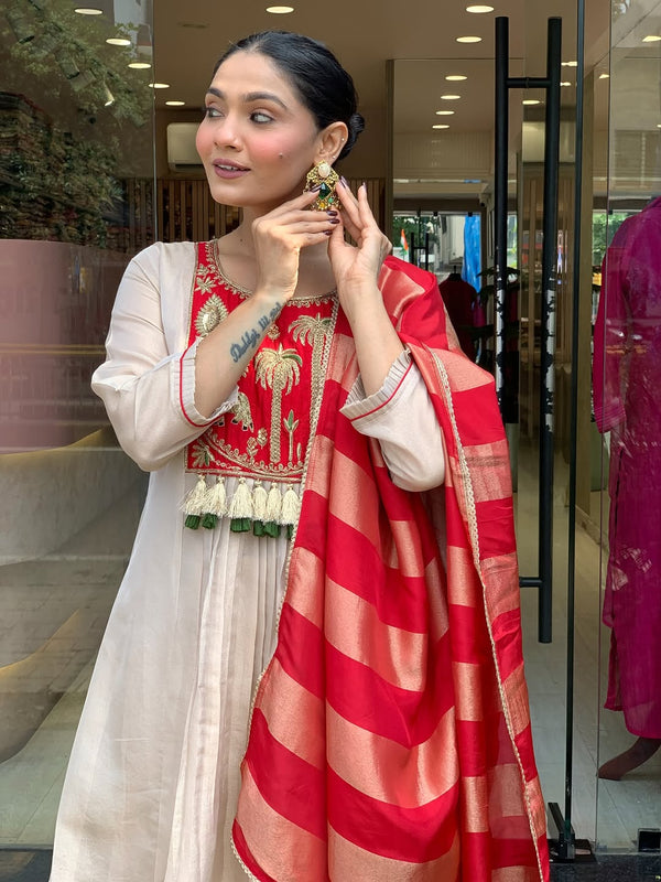 Festive Embroidered Ivory Anarkali Suit Set with Striped Dupatta