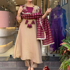 Elegant Beige & Wine Embroidered Kurta Pant Set with Striped Dupatta for Women