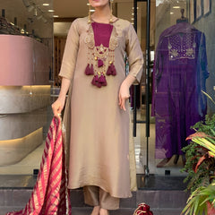 Elegant Beige & Wine Embroidered Kurta Pant Set with Striped Dupatta for Women