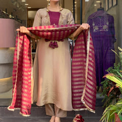 Elegant Beige & Wine Embroidered Kurta Pant Set with Striped Dupatta for Women
