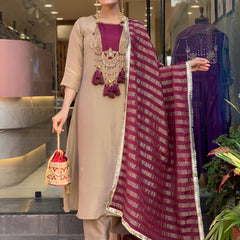 Elegant Beige & Wine Embroidered Kurta Pant Set with Striped Dupatta for Women