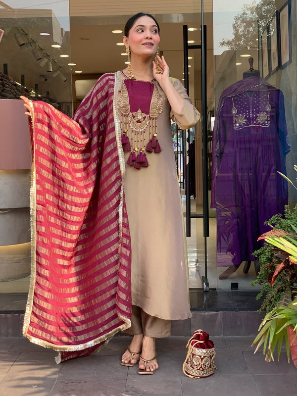 Elegant Beige & Wine Embroidered Kurta Pant Set with Striped Dupatta for Women