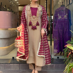 Elegant Beige & Wine Embroidered Kurta Pant Set with Striped Dupatta for Women