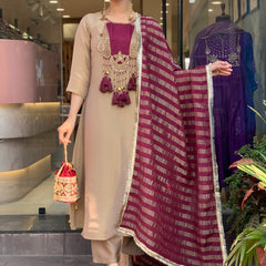 Elegant Beige & Wine Embroidered Kurta Pant Set with Striped Dupatta for Women