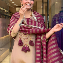 Elegant Beige & Wine Embroidered Kurta Pant Set with Striped Dupatta for Women