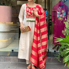 Festive Embroidered Ivory Anarkali Suit Set with Striped Dupatta