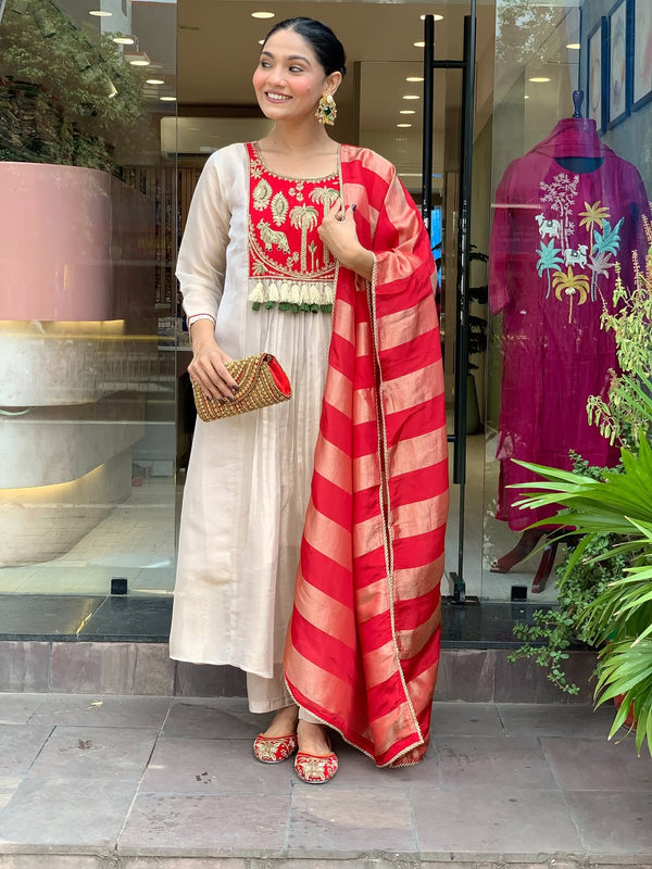 Festive Embroidered Ivory Anarkali Suit Set with Striped Dupatta