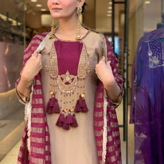 Elegant Beige & Wine Embroidered Kurta Pant Set with Striped Dupatta for Women