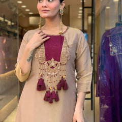 Elegant Beige & Wine Embroidered Kurta Pant Set with Striped Dupatta for Women