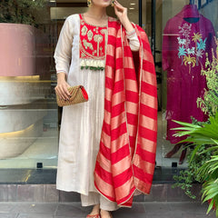 Festive Embroidered Ivory Anarkali Suit Set with Striped Dupatta
