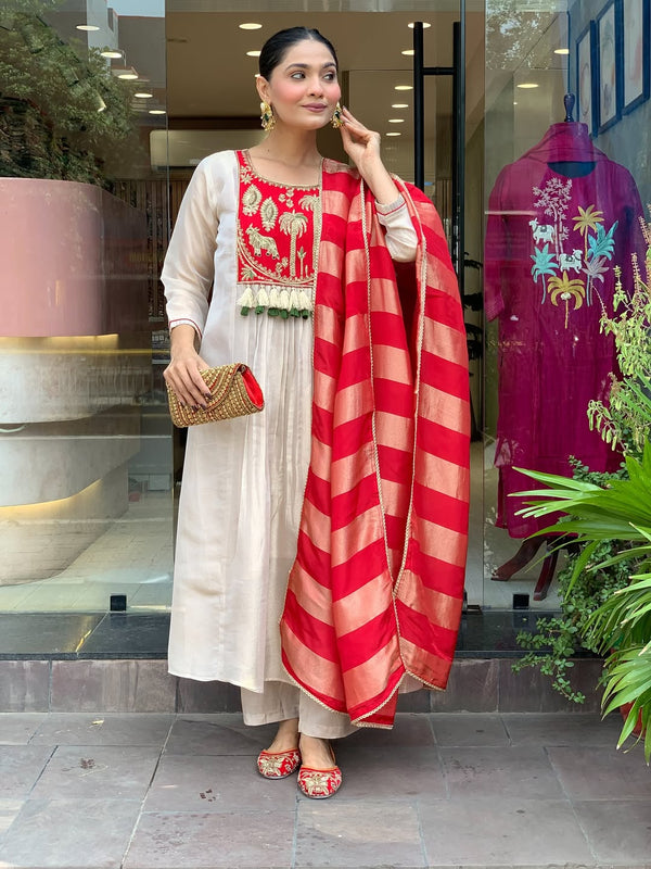 Festive Embroidered Ivory Anarkali Suit Set with Striped Dupatta