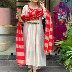 Festive Embroidered Ivory Anarkali Suit Set with Striped Dupatta
