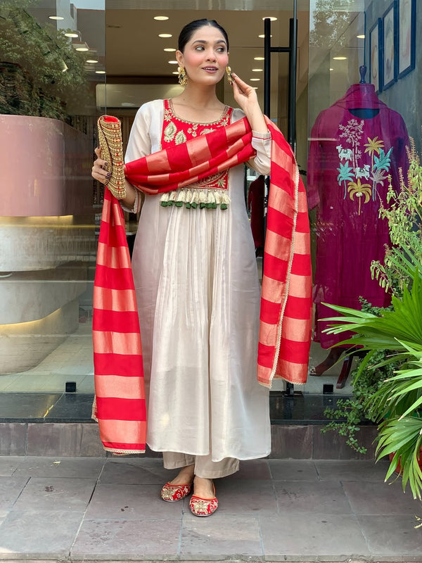 Festive Embroidered Ivory Anarkali Suit Set with Striped Dupatta