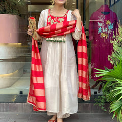 Festive Embroidered Ivory Anarkali Suit Set with Striped Dupatta