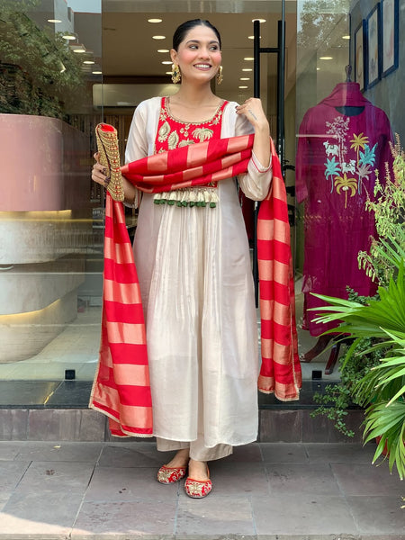 Festive Embroidered Ivory Anarkali Suit Set with Striped Dupatta