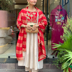 Festive Embroidered Ivory Anarkali Suit Set with Striped Dupatta