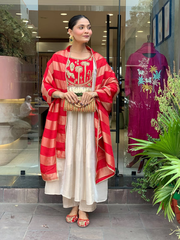 Festive Embroidered Ivory Anarkali Suit Set with Striped Dupatta
