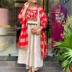 Festive Embroidered Ivory Anarkali Suit Set with Striped Dupatta