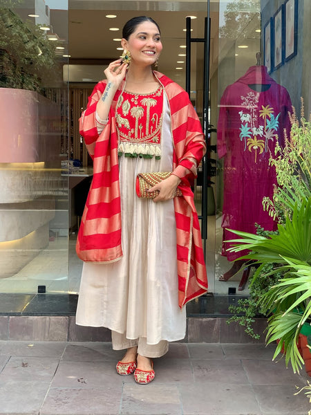 Festive Embroidered Ivory Anarkali Suit Set with Striped Dupatta