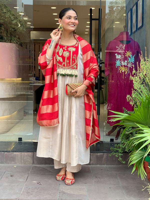 Festive Embroidered Ivory Anarkali Suit Set with Striped Dupatta