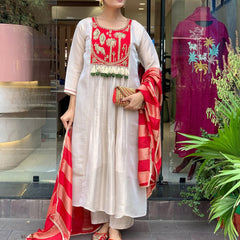 Festive Embroidered Ivory Anarkali Suit Set with Striped Dupatta