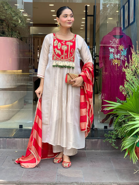 Festive Embroidered Ivory Anarkali Suit Set with Striped Dupatta