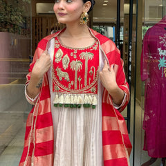 Festive Embroidered Ivory Anarkali Suit Set with Striped Dupatta