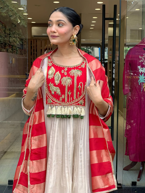 Festive Embroidered Ivory Anarkali Suit Set with Striped Dupatta