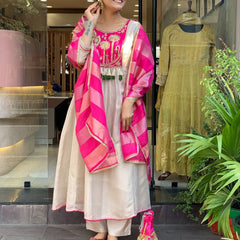 Festive Embroidered Ivory Anarkali Suit Set with Striped Dupatta