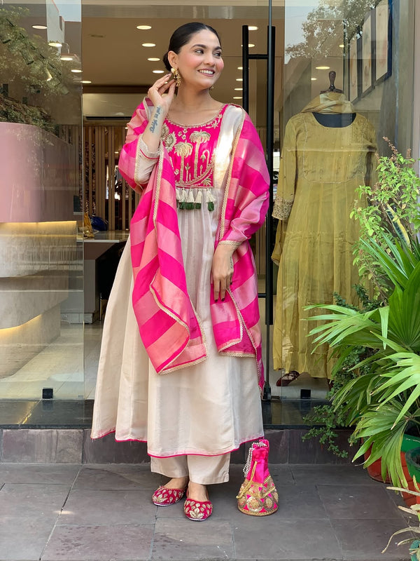 Festive Embroidered Ivory Anarkali Suit Set with Striped Dupatta