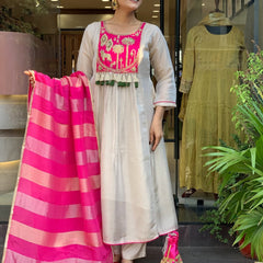 Festive Embroidered Ivory Anarkali Suit Set with Striped Dupatta