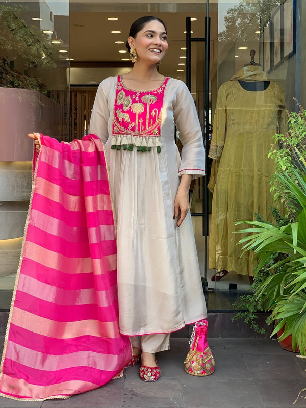 Festive Embroidered Ivory Anarkali Suit Set with Striped Dupatta