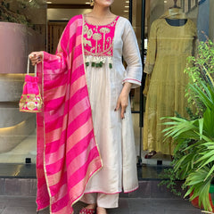 Festive Embroidered Ivory Anarkali Suit Set with Striped Dupatta